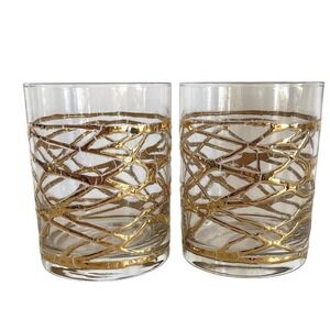 Culver 22k Gold Raised Golden Ropes Pair Double Old Fashioned Low Ball Glasses